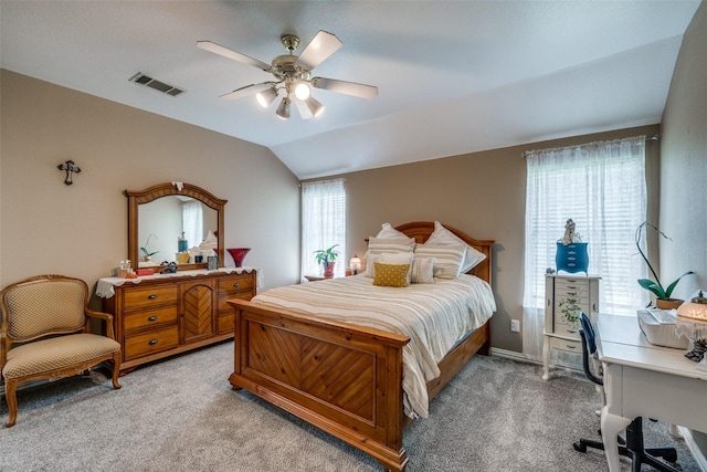 701 Parkhill Dr, Mansfield, TX 76063 - bedroom with light colored carpet, a desk, lofted ceiling, and a ceiling fan