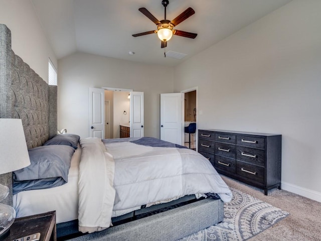 1314 Greenrock Ct, Midlothian, TX 76065 - bedroom featuring light carpet, vaulted ceiling, ceiling fan, and ensuite bath