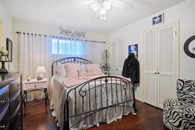 11150 Valleydale Dr Unit A, Dallas, TX 75230 - bedroom with wood finished floors, two closets, and a ceiling fan