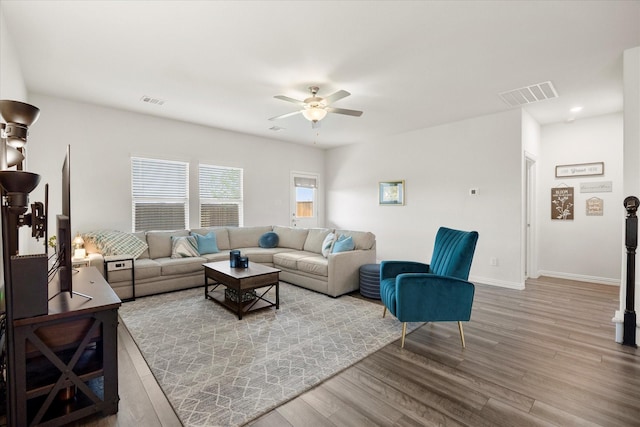 5223 Amistad Ave, Royse City, TX 75189 - living area featuring a ceiling fan, wood finished floors, and recessed lighting