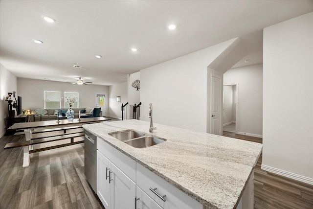 5223 Amistad Ave, Royse City, TX 75189 - kitchen featuring open floor plan, stainless steel dishwasher, a kitchen island with sink, white cabinetry, and recessed lighting
