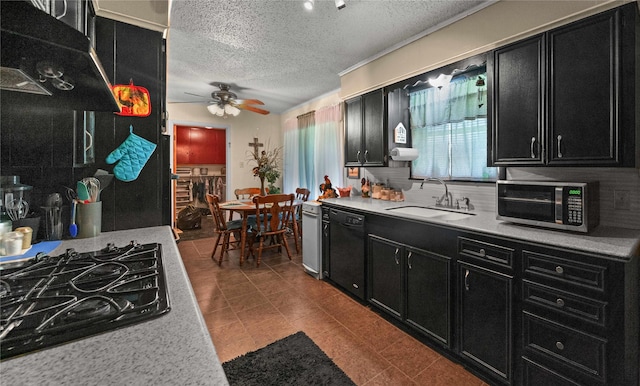 6753 Murphy St, Murchison, TX 75778 - kitchen with dark cabinetry, black appliances, ventilation hood, a ceiling fan, and a textured ceiling