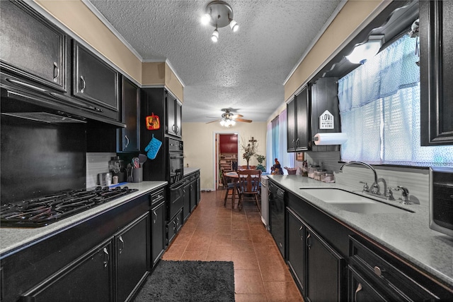 6753 Murphy St, Murchison, TX 75778 - kitchen featuring dark cabinets, black appliances, a textured ceiling, a ceiling fan, and light countertops