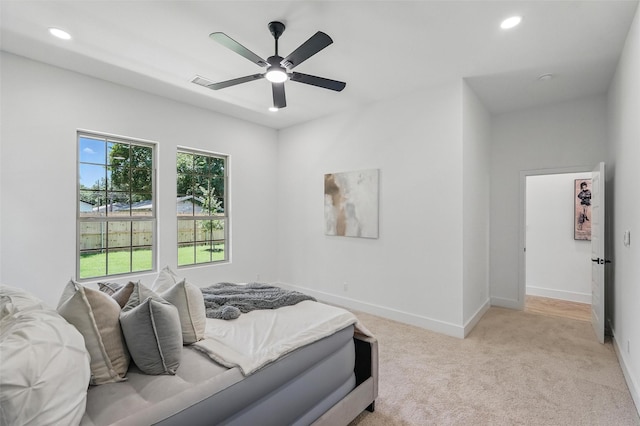 2910 Brigham Ln, Dallas, TX 75215 - bedroom featuring recessed lighting, light carpet, and ceiling fan