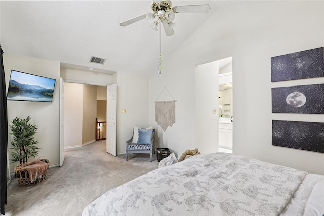 2531 Stanford Ct, Carrollton, TX 75006 - bedroom featuring light colored carpet, lofted ceiling, connected bathroom, and a ceiling fan