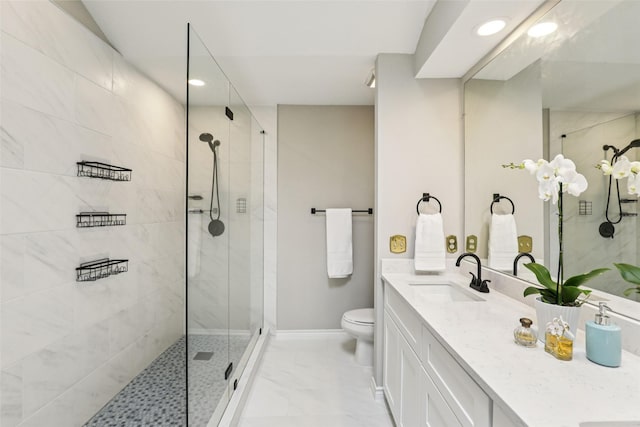 2531 Stanford Ct, Carrollton, TX 75006 - full bath with a walk in shower, double vanity, recessed lighting, and marble look tiles