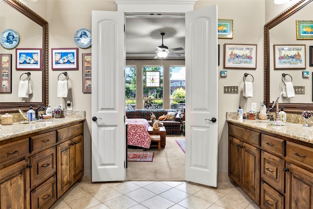 513 Hearth Ter, Argyle, TX 76226 - full bath featuring ceiling fan, tile patterned flooring, vanity, and connected bathroom