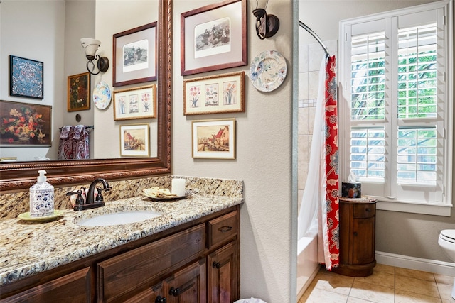 513 Hearth Ter, Argyle, TX 76226 - full bathroom featuring vanity, tile patterned floors, and shower / bath combo with shower curtain