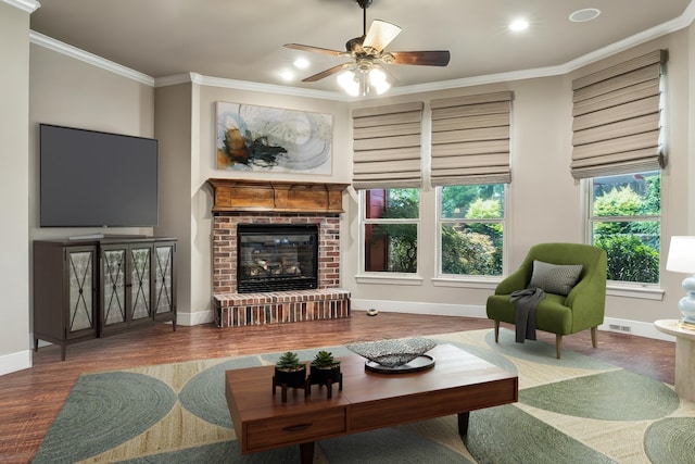513 Hearth Ter, Argyle, TX 76226 - living area with wood finished floors, crown molding, ceiling fan, a fireplace, and recessed lighting