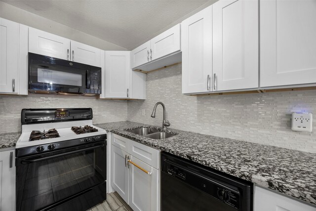 3829 Byers Ave, Fort Worth, TX 76107 - kitchen with black appliances, white cabinets, dark stone counters, backsplash, and a textured ceiling