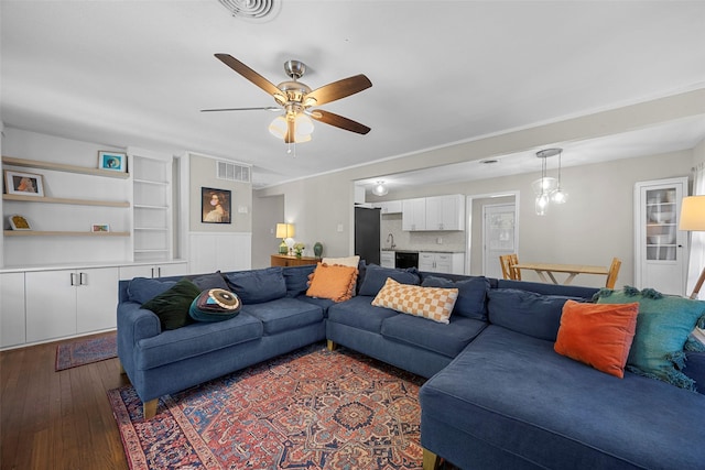 3829 Byers Ave, Fort Worth, TX 76107 - living area featuring dark wood-style floors and ceiling fan