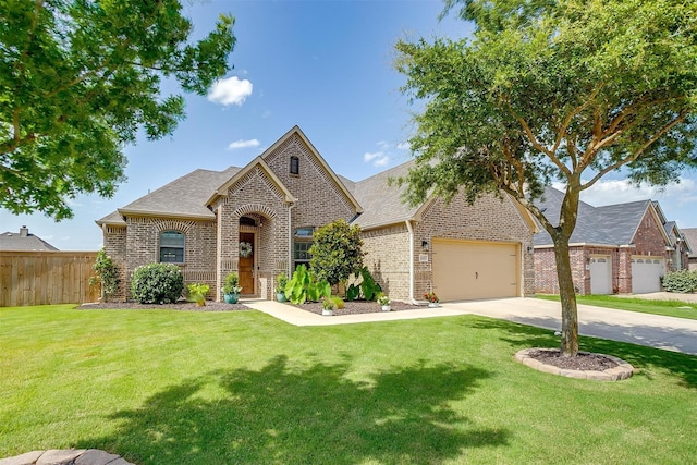 1148 Blue Sky Ln, Burleson, TX 76058 - french country style house featuring brick siding, concrete driveway, an attached garage, and roof with shingles