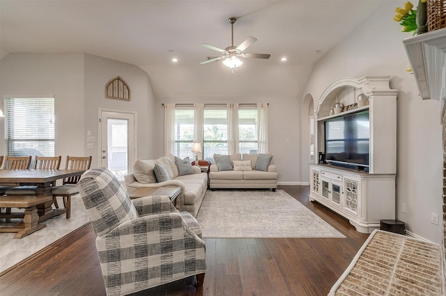 1148 Blue Sky Ln, Burleson, TX 76058 - living room featuring lofted ceiling, ceiling fan, plenty of natural light, dark wood finished floors, and recessed lighting
