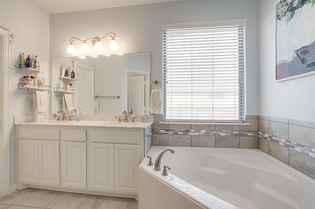 1148 Blue Sky Ln, Burleson, TX 76058 - bathroom with a bath, double vanity, healthy amount of natural light, and tile patterned floors