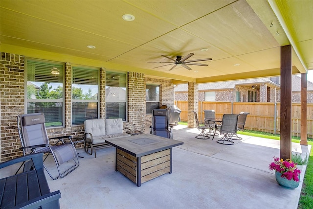 1148 Blue Sky Ln, Burleson, TX 76058 - fenced backyard featuring outdoor dining area, a ceiling fan, a patio area, and area for grilling