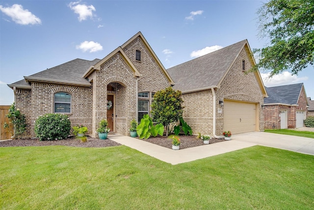 1148 Blue Sky Ln, Burleson, TX 76058 - french country home with brick siding, roof with shingles, concrete driveway, a front lawn, and an attached garage