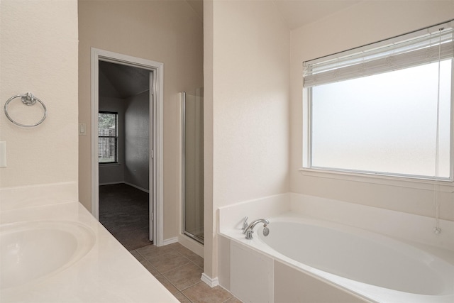 302 Howard Way Dr, Aledo, TX 76008 - bathroom featuring a bath, tile patterned floors, a shower stall, and vanity