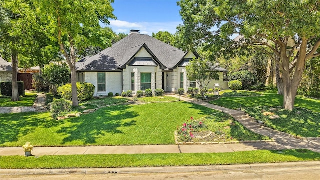 2205 Le Mans Dr, Carrollton, TX 75006 - view of front of home featuring a front yard, brick siding, a chimney, and a shingled roof
