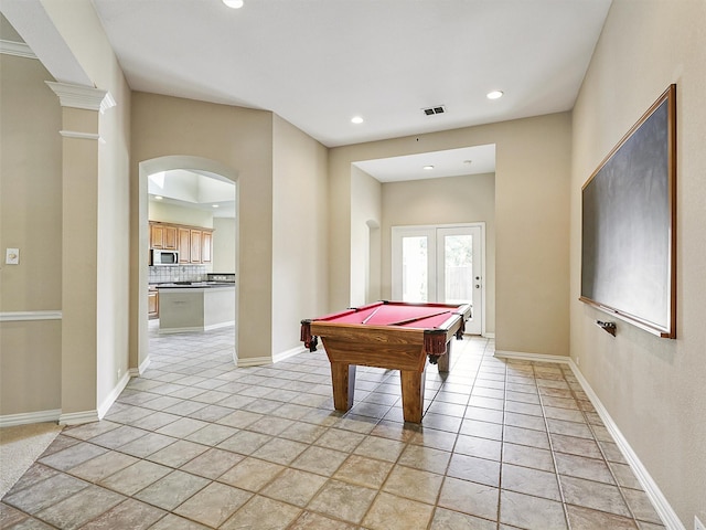 800 Rock Hill Rd, Prosper, TX 75078 - rec room featuring arched walkways, recessed lighting, billiards, and french doors