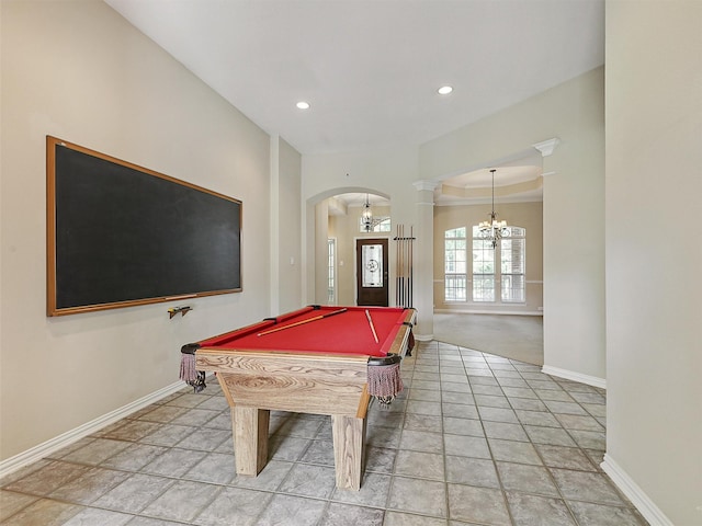800 Rock Hill Rd, Prosper, TX 75078 - recreation room with arched walkways, a chandelier, billiards, decorative columns, and recessed lighting