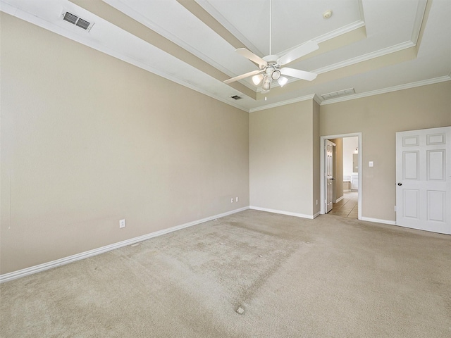 800 Rock Hill Rd, Prosper, TX 75078 - empty room with a tray ceiling, carpet floors, ornamental molding, a ceiling fan, and a smoke detector