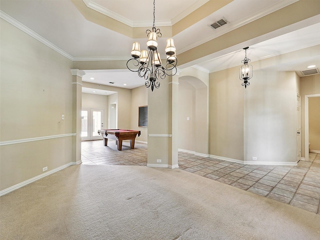 800 Rock Hill Rd, Prosper, TX 75078 - recreation room with arched walkways, crown molding, billiards, carpet floors, and a chandelier