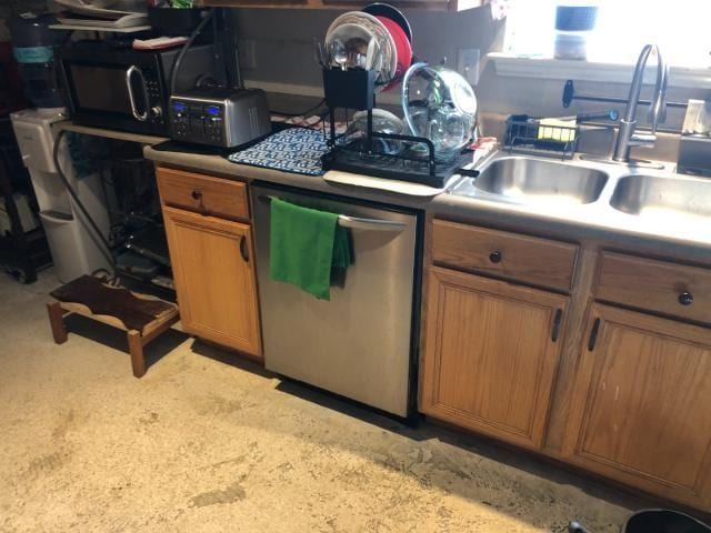 2542 Dove Crossing Dr, New Braunfels, TX 78130 - kitchen with stainless steel dishwasher, brown cabinets, and black microwave