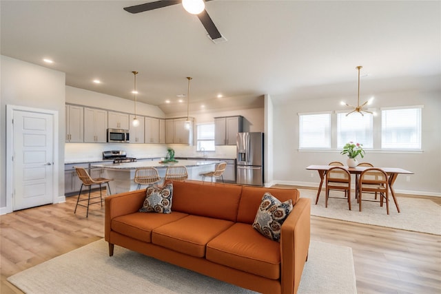 2521 Cobbler St, Northlake, TX 76247 - living room featuring light wood finished floors, lofted ceiling, recessed lighting, and ceiling fan