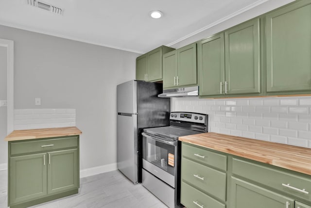 315 Ratcliff, Shreveport, LA 71104 - kitchen featuring green cabinetry, appliances with stainless steel finishes, wooden counters, under cabinet range hood, and crown molding