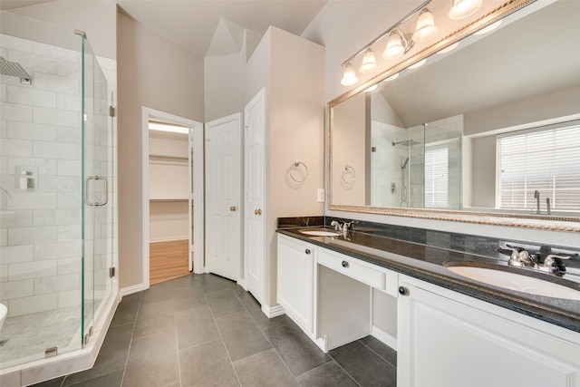 3032 Silver Springs Ln, Plano, TX 75025 - bathroom featuring a stall shower, double vanity, and tile patterned floors
