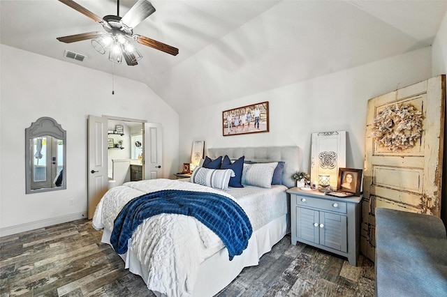 6513 Deer Horn Dr, Fort Worth, TX 76179 - bedroom featuring lofted ceiling, dark wood finished floors, ensuite bath, and a ceiling fan