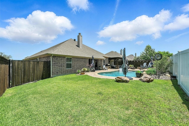 6513 Deer Horn Dr, Fort Worth, TX 76179 - back of property featuring brick siding, a fenced backyard, a chimney, a shingled roof, and a patio