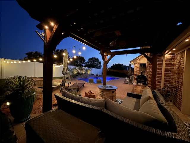 6513 Deer Horn Dr, Fort Worth, TX 76179 - patio at twilight featuring an outdoor living space, a fenced backyard, and a patio