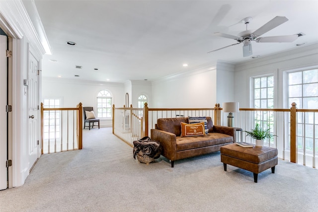 3816 Shady Meadow Dr, Grapevine, TX 76051 - living area featuring light carpet, a ceiling fan, crown molding, and recessed lighting