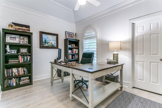 3816 Shady Meadow Dr, Grapevine, TX 76051 - office featuring crown molding, wood finished floors, and ceiling fan