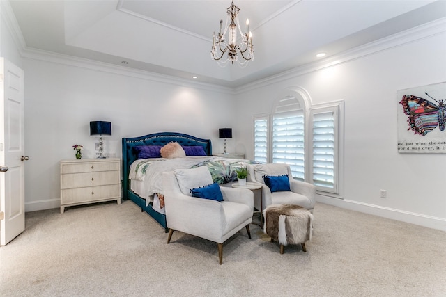 3816 Shady Meadow Dr, Grapevine, TX 76051 - bedroom with a chandelier, light carpet, a raised ceiling, crown molding, and recessed lighting