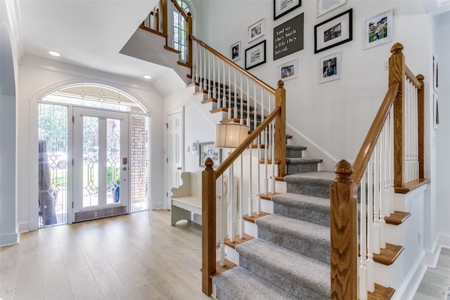 3816 Shady Meadow Dr, Grapevine, TX 76051 - entrance foyer with stairway, plenty of natural light, light wood-type flooring, recessed lighting, and a towering ceiling