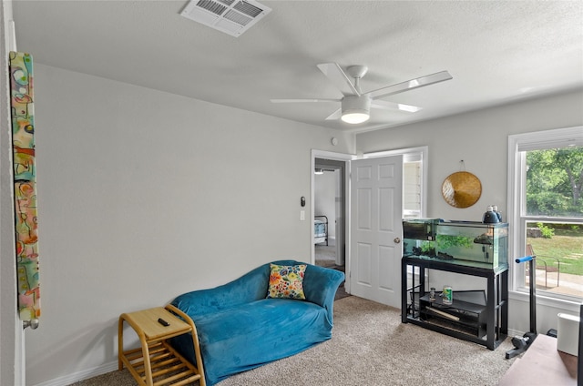 3137 Tex Blvd, Fort Worth, TX 76116 - sitting room featuring carpet, ceiling fan, and a textured ceiling