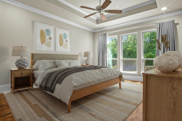6901 Hickory Hill Cir, Argyle, TX 76226 - bedroom featuring wood finished floors, a raised ceiling, crown molding, recessed lighting, and a ceiling fan