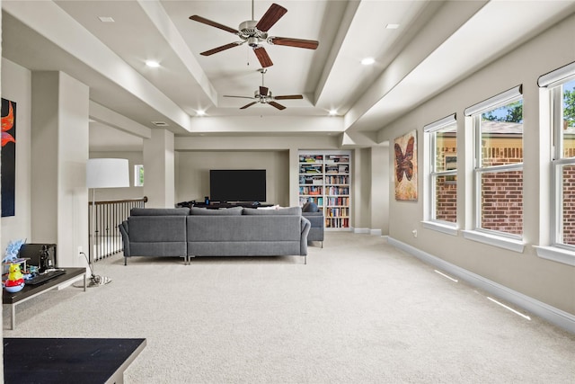 6901 Hickory Hill Cir, Argyle, TX 76226 - living room featuring carpet flooring, a tray ceiling, ceiling fan, healthy amount of natural light, and recessed lighting
