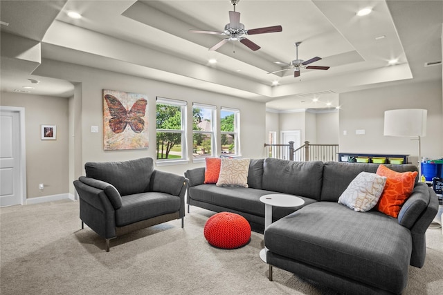 6901 Hickory Hill Cir, Argyle, TX 76226 - living room featuring light carpet, a tray ceiling, recessed lighting, and ceiling fan