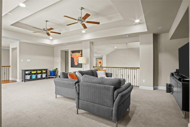 6901 Hickory Hill Cir, Argyle, TX 76226 - living area featuring a tray ceiling, light carpet, ceiling fan, and recessed lighting