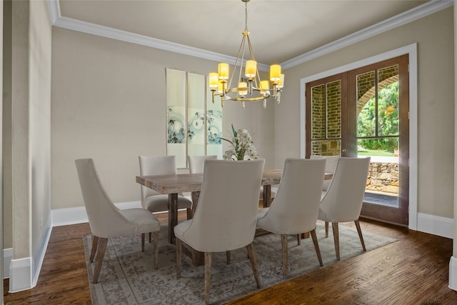 6901 Hickory Hill Cir, Argyle, TX 76226 - dining room featuring a chandelier, wood finished floors, crown molding, and french doors