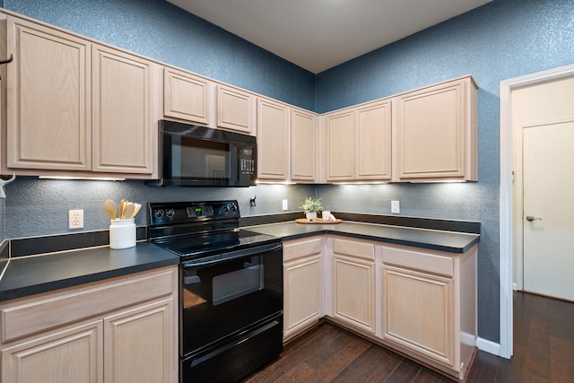 3413 Westfork Ranch Rd, Fort Worth, TX 76262 - kitchen featuring black appliances, a textured wall, dark countertops, dark wood finished floors, and cream cabinetry