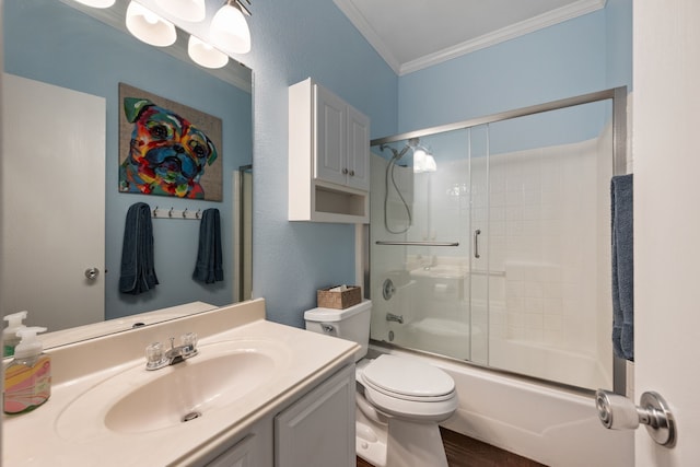 3413 Westfork Ranch Rd, Fort Worth, TX 76262 - full bathroom featuring crown molding, vanity, combined bath / shower with glass door, and wood finished floors