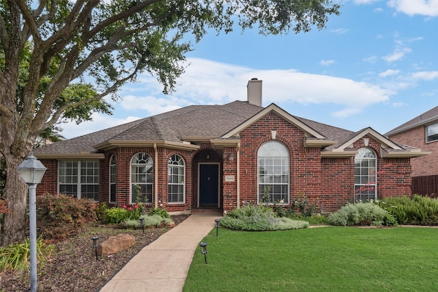 1306 Glendover Dr, Allen, TX 75013 - view of front of home with brick siding, a front yard, a chimney, and roof with shingles