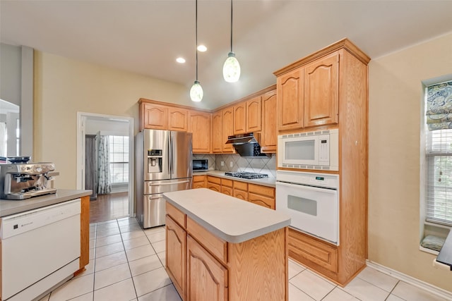 1306 Glendover Dr, Allen, TX 75013 - kitchen featuring white appliances, tasteful backsplash, light countertops, light tile patterned flooring, and recessed lighting