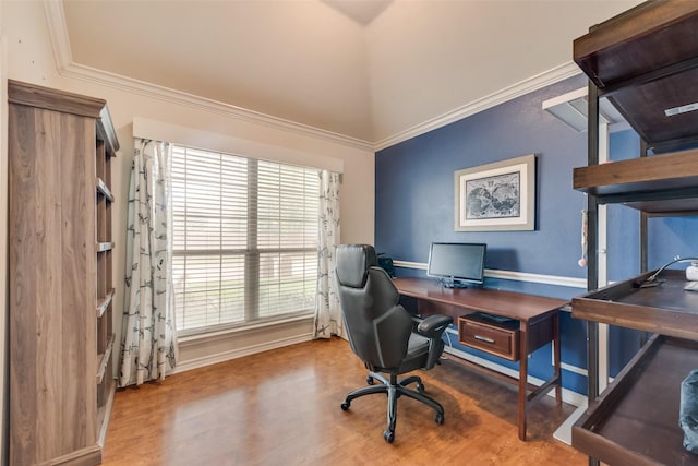 1306 Glendover Dr, Allen, TX 75013 - office area with wood finished floors, a towering ceiling, and crown molding