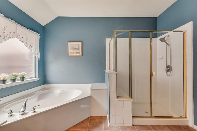 1306 Glendover Dr, Allen, TX 75013 - bathroom with a stall shower, a garden tub, tile patterned flooring, and vaulted ceiling