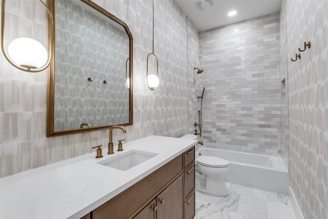 9701 Faircrest Dr, Dallas, TX 75238 - full bath featuring vanity, shower / bathtub combination, and tile walls